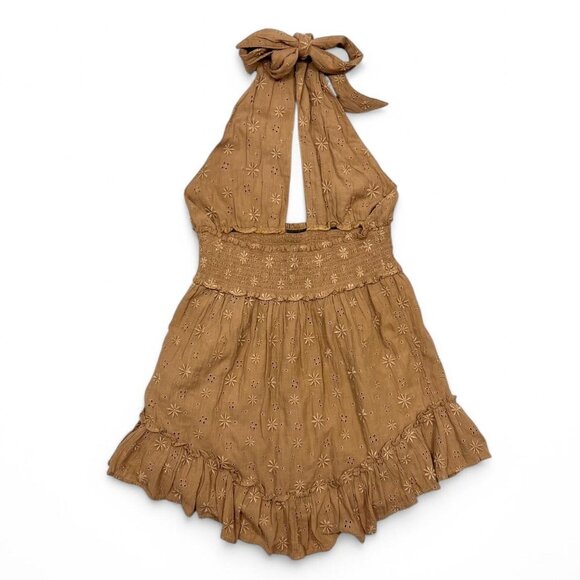 Aerie Brown Halter Dress Floral Embroidered Medium Boho Festival - Picture 6 of 6